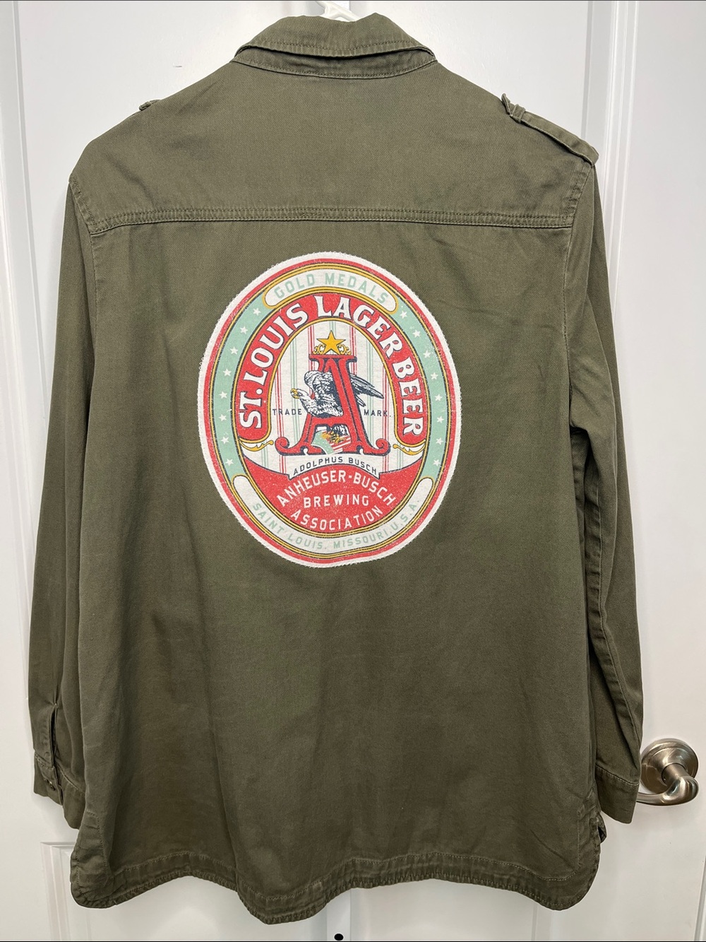 Upcycled Anheuser-Busch One-of-a-Kind Women’s Button-down Olive Shacket Large